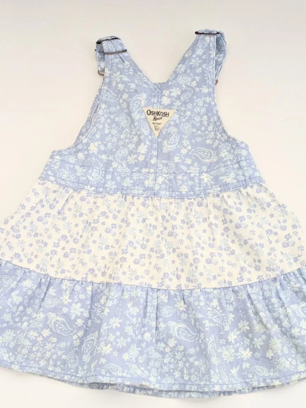 OshKosh B'gosh Girls (Size 3) Blue & White Floral Tiered Bib/Overall-Style Dress